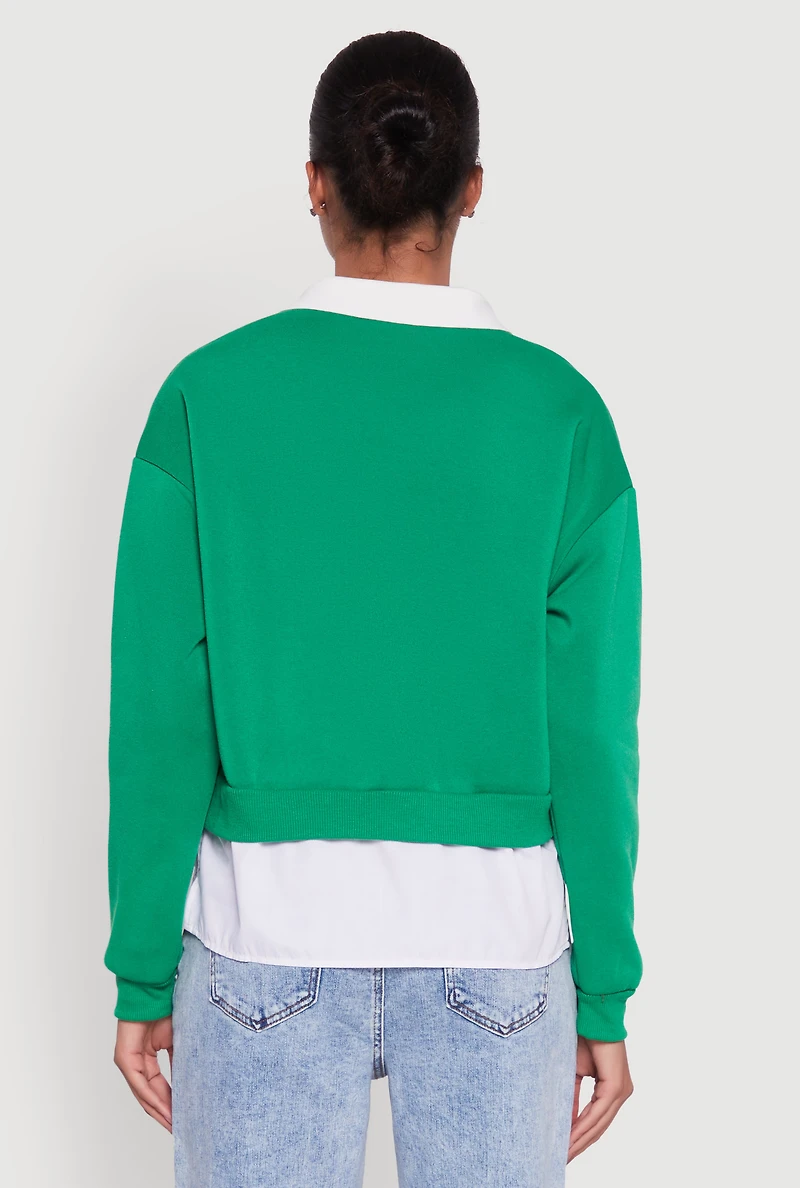 Womens Shirt Collar Layered Look Patch Graphic Sweatshirt, Green, Size S