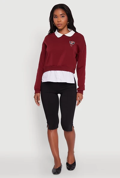 Womens Shirt Collar Layered Look Patch Graphic Sweatshirt, Burgundy, Size L