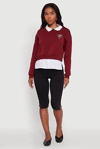 Womens Shirt Collar Layered Look Patch Graphic Sweatshirt, Burgundy, Size L