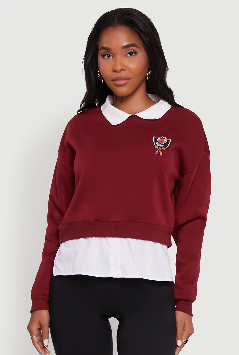 Womens Shirt Collar Layered Look Patch Graphic Sweatshirt, Burgundy, Size L