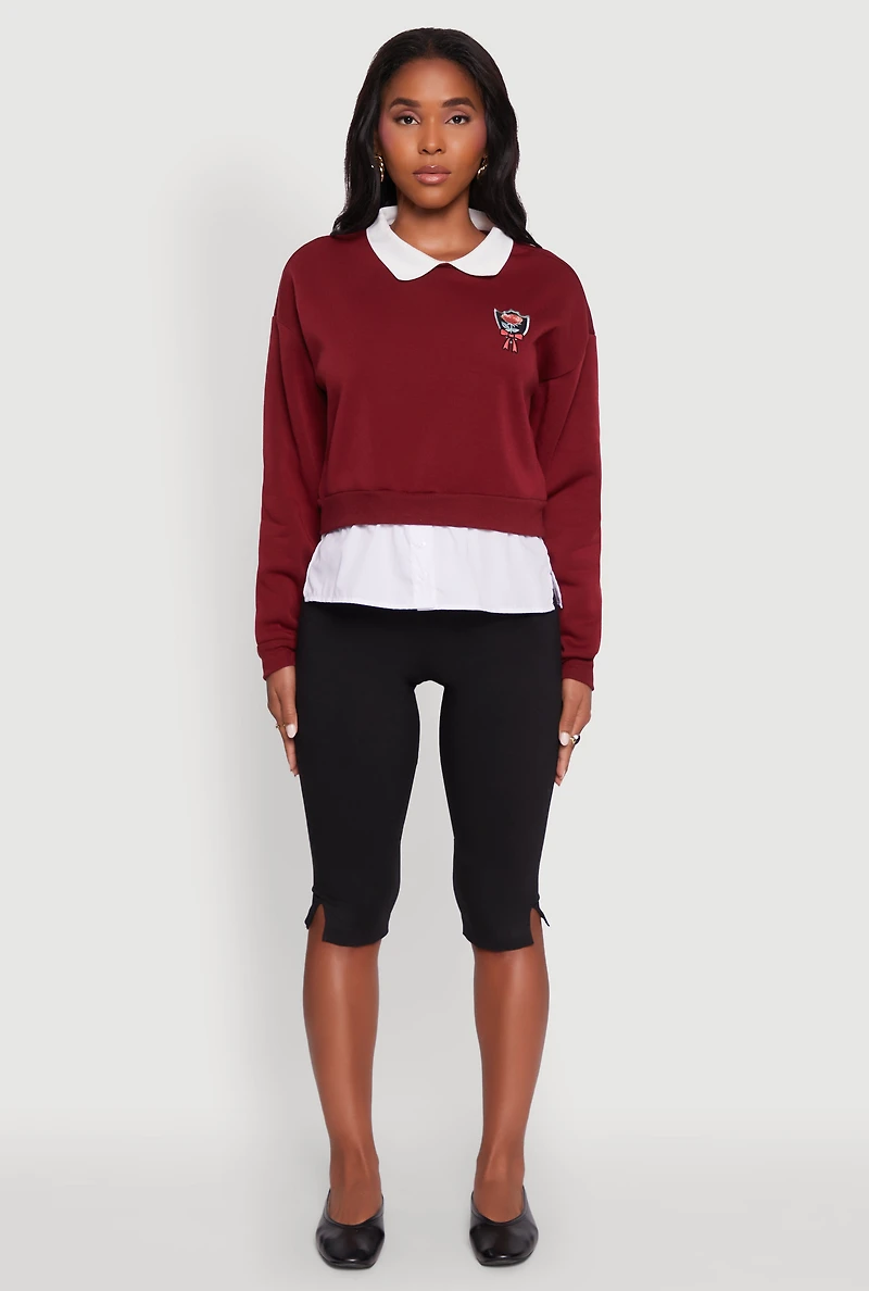 Womens Shirt Collar Layered Look Patch Graphic Sweatshirt, Burgundy, Size L