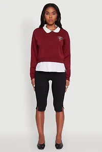 Womens Shirt Collar Layered Look Patch Graphic Sweatshirt, Burgundy, Size L