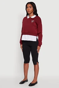 Womens Shirt Collar Layered Look Patch Graphic Sweatshirt, Burgundy, Size L