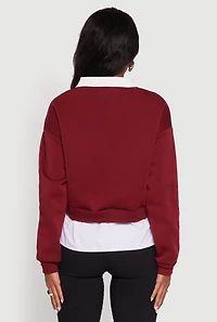 Womens Shirt Collar Layered Look Patch Graphic Sweatshirt, Burgundy, Size L