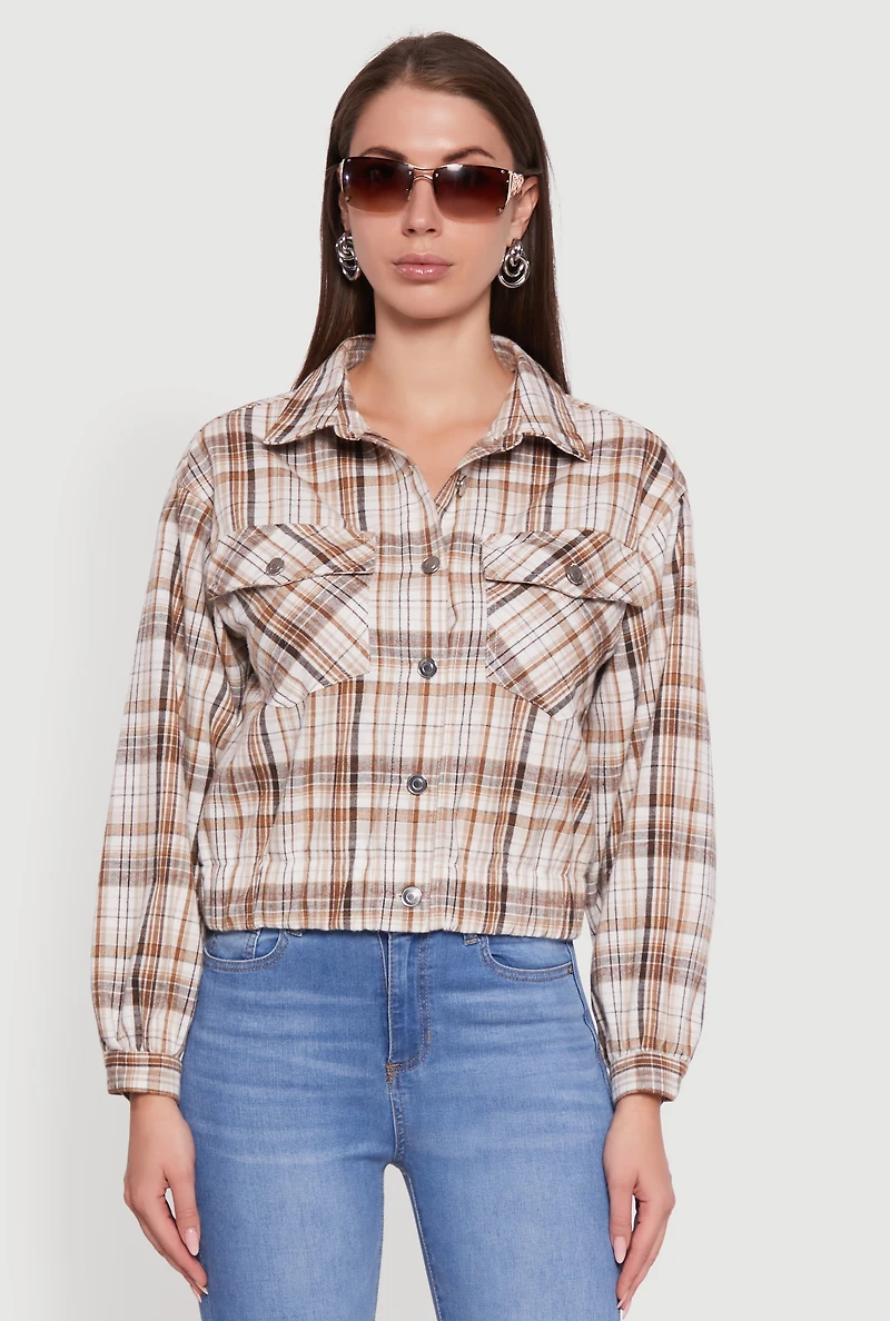 Womens Plaid Button Front Long Sleeve Flannel Shirt, Beige, Size XL
