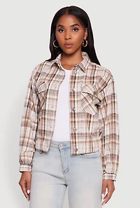 Womens Plaid Button Front Long Sleeve Flannel Shirt, Beige, Size L