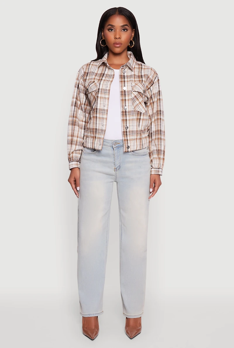 Womens Plaid Button Front Long Sleeve Flannel Shirt, Beige, Size L