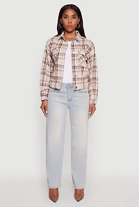 Womens Plaid Button Front Long Sleeve Flannel Shirt, Beige, Size L