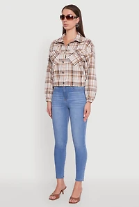 Womens Plaid Button Front Long Sleeve Flannel Shirt, Beige, Size XL
