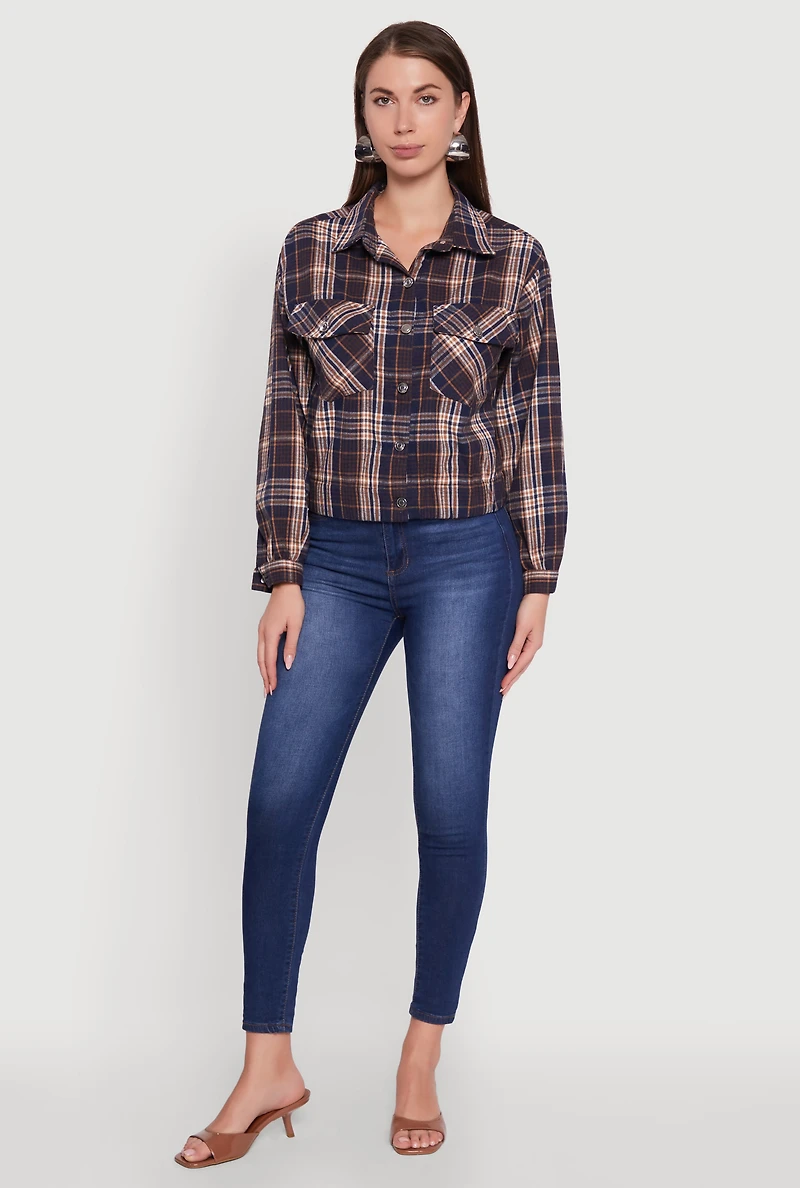 Womens Plaid Button Front Long Sleeve Flannel Shirt, Multi, Size L