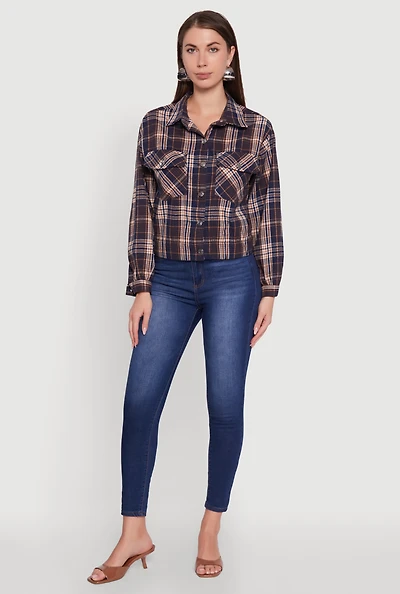 Womens Plaid Button Front Long Sleeve Flannel Shirt, Multi, Size L