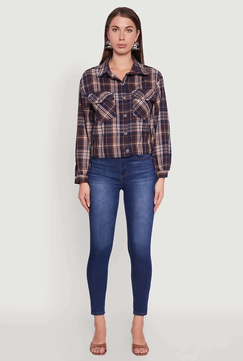 Womens Plaid Button Front Long Sleeve Flannel Shirt, Multi, Size L