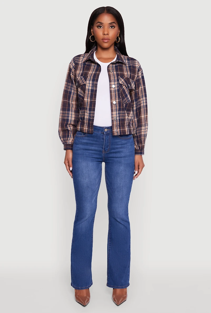 Womens Plaid Button Front Long Sleeve Flannel Shirt, Blue, Size M