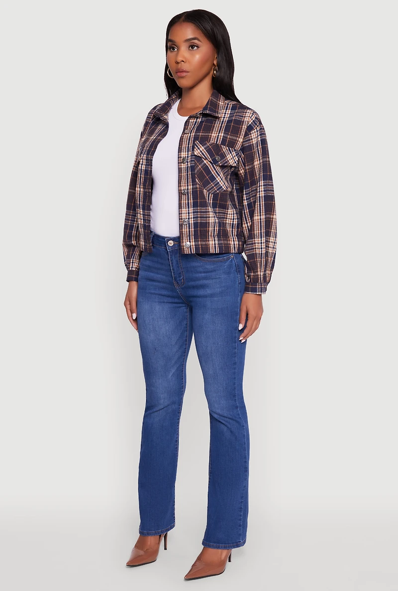 Womens Plaid Button Front Long Sleeve Flannel Shirt, Blue, Size M