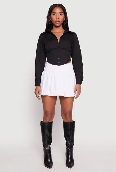 Womens Smocked Waist Button Front Blouse, Black, Size L