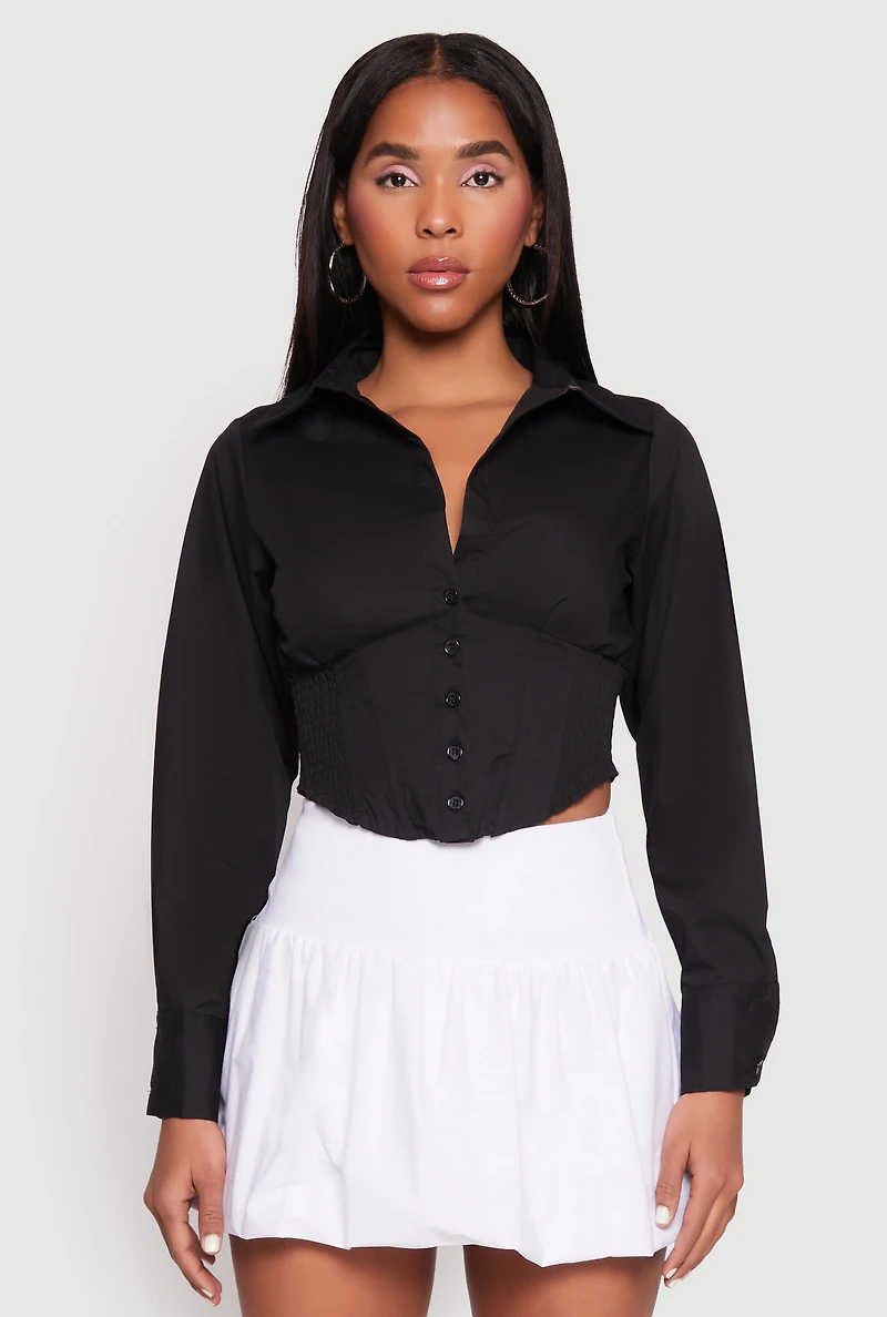 Womens Smocked Waist Button Front Blouse, Black, Size L