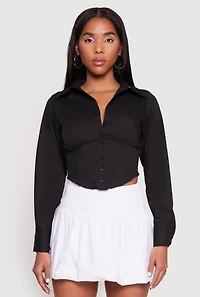 Womens Smocked Waist Button Front Blouse, Black, Size L