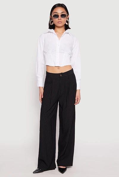 Womens Smocked Waist Button Front Blouse, White, Size M