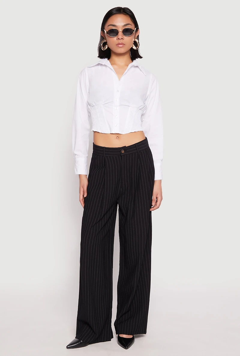 Smocked Waist Button Front Blouse