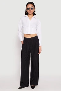 Womens Smocked Waist Button Front Blouse, White, Size L