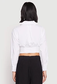 Womens Smocked Waist Button Front Blouse, White, Size L