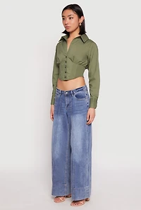 Womens Smocked Waist Button Front Blouse,