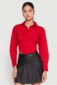 Womens Smocked Waist Button Front Blouse, L