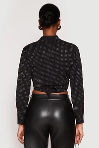 Womens Rhinestone Tie Front Top, Black, Size L