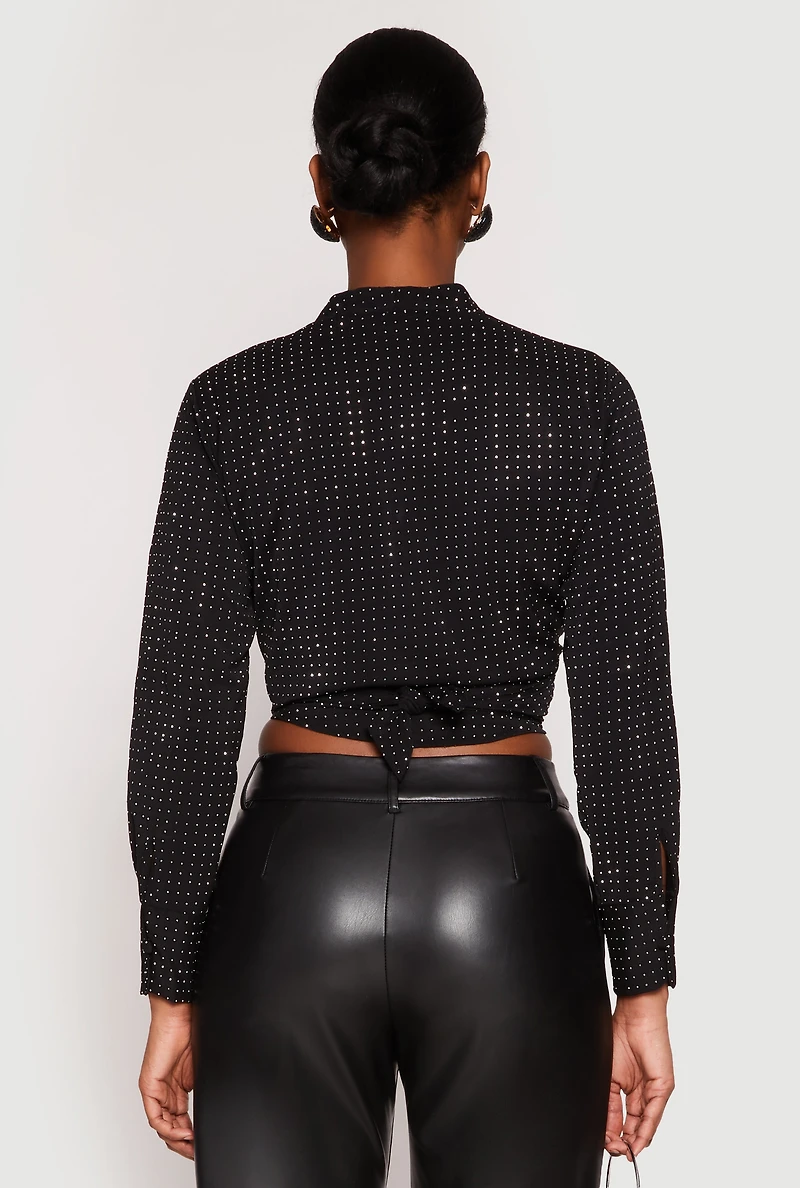 Womens Rhinestone Tie Front Top,