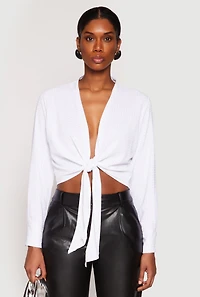 Womens Rhinestone Tie Front Top, White, Size S