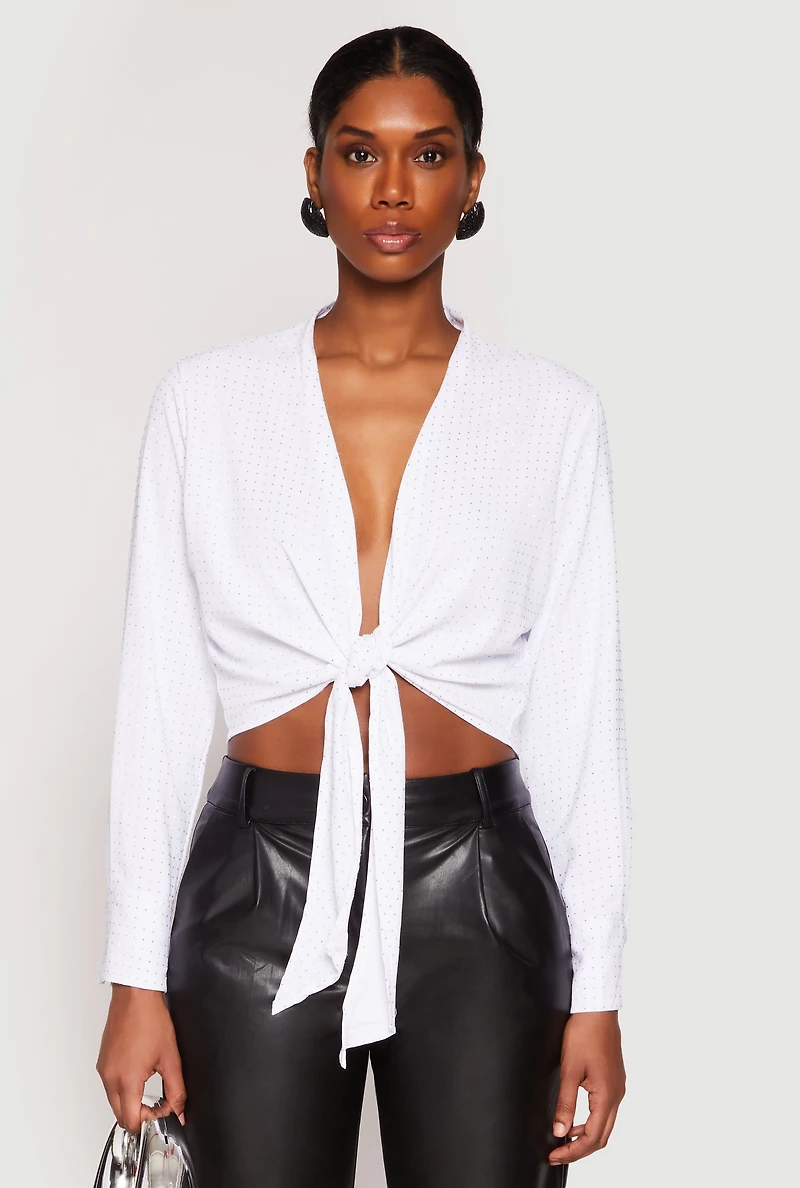 Womens Rhinestone Tie Front Top, White, Size L