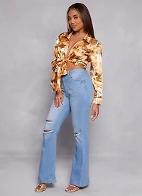 Womens Satin Printed Long Sleeve Tie Front Blouse, Orange, Size M