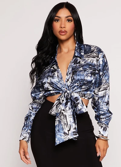 Womens Satin Printed Long Sleeve Tie Front Blouse, Blue, Size S