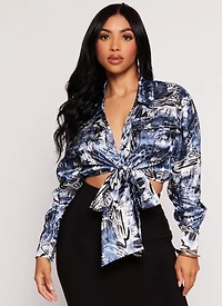 Womens Satin Printed Long Sleeve Tie Front Blouse, Blue, Size S
