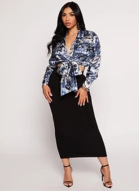 Womens Satin Printed Long Sleeve Tie Front Blouse, Blue, Size S