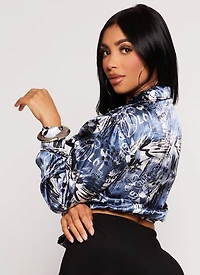 Womens Satin Printed Long Sleeve Tie Front Blouse, Blue, Size S