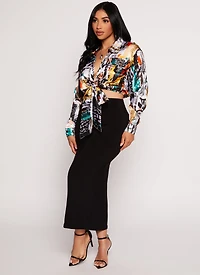 Satin Printed Long Sleeve Tie Front Blouse