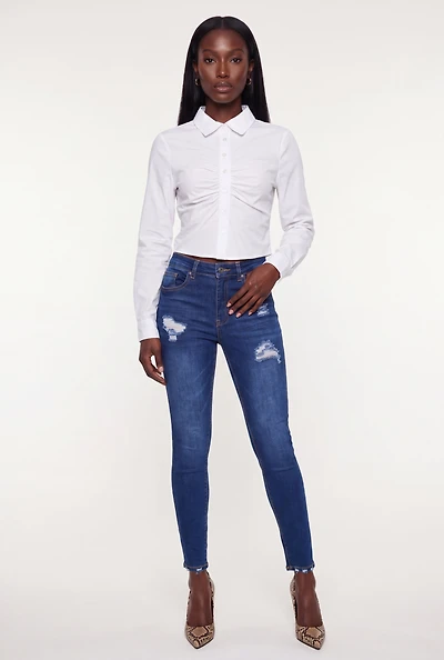 Ruched Button Front Long Sleeve Shirt