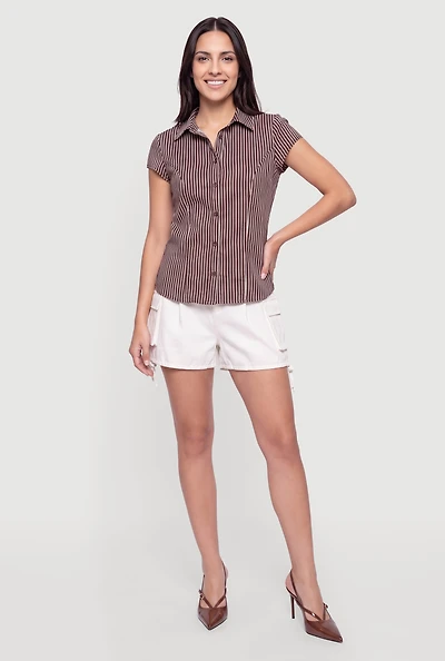 Patterned Cap Sleeve Button Front Shirt