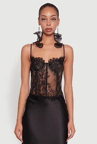 Womens Scalloped Floral Lace Bustier Top with Underwire Support, Black, Size L