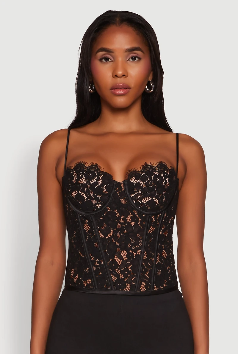 Womens Lace Zip Back Bustier Top, Black, Size M