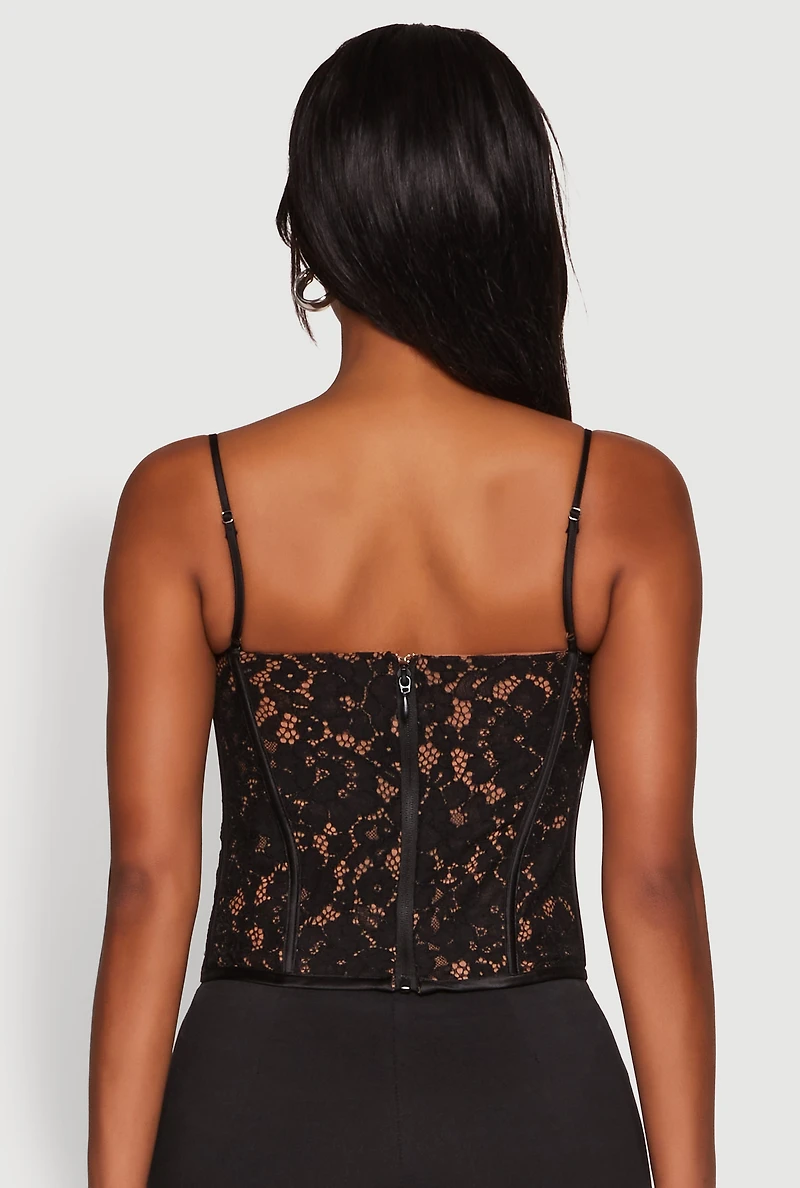 Womens Lace Zip Back Bustier Top, Black, Size M