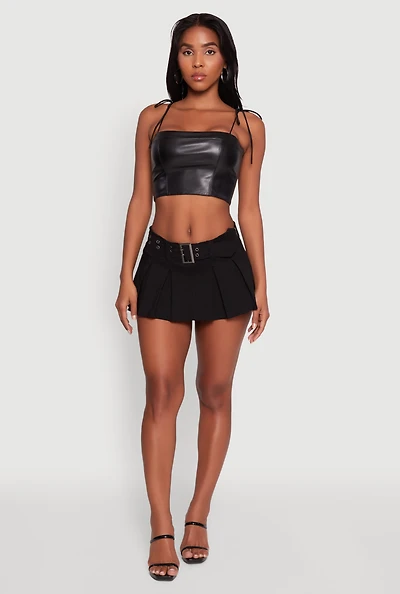 Womens Faux Leather Tie Strap Cropped Bustier Top, Black,