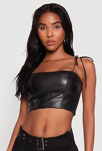 Womens Faux Leather Tie Strap Cropped Bustier Top, Black,