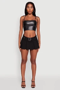 Womens Faux Leather Tie Strap Cropped Bustier Top, Black,