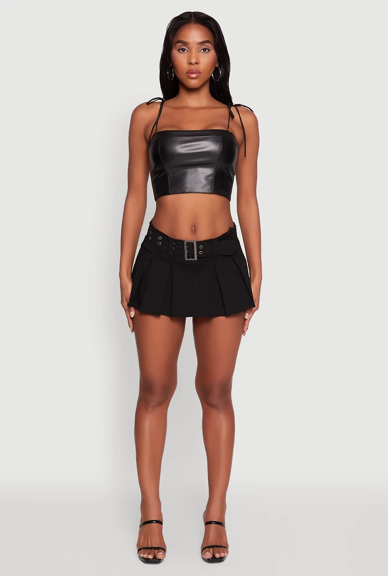 Womens Faux Leather Tie Strap Cropped Bustier Top, Black, Size L