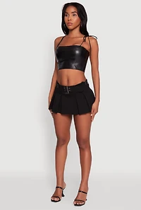 Womens Faux Leather Tie Strap Cropped Bustier Top, Black,