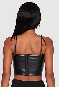 Womens Faux Leather Tie Strap Cropped Bustier Top, Black,