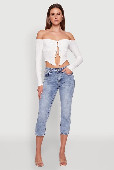 Womens Trendy Off Shoulder Textured Knit Tie Front Crop Top, White, Size S