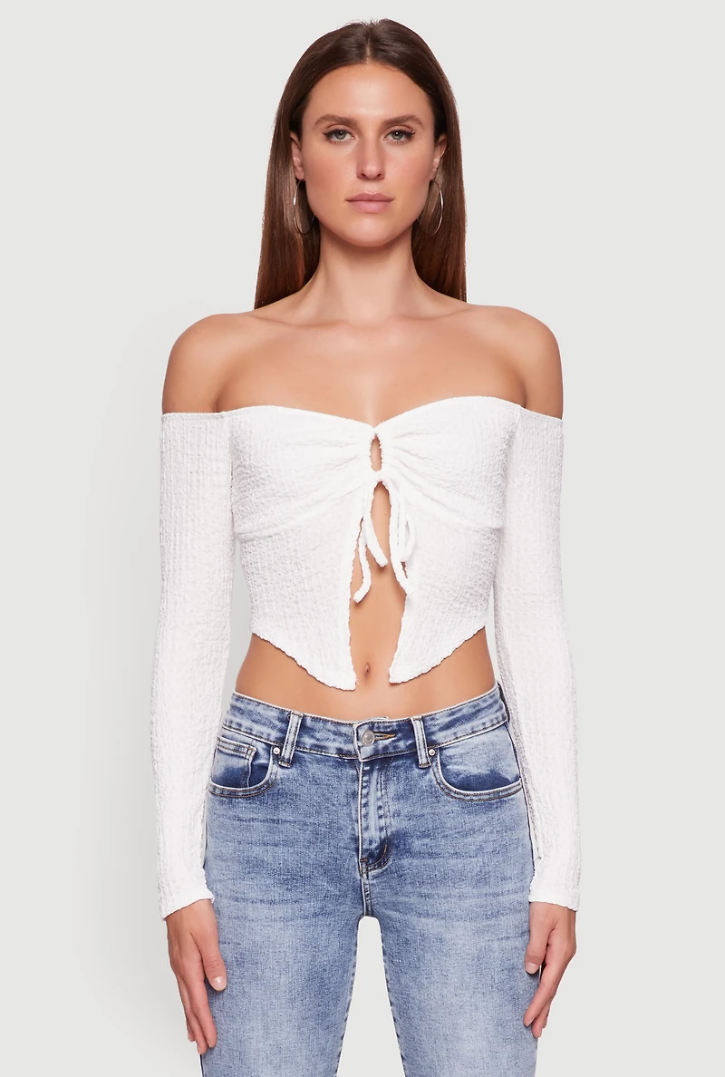 Womens Trendy Off Shoulder Textured Knit Tie Front Crop Top, White, Size M